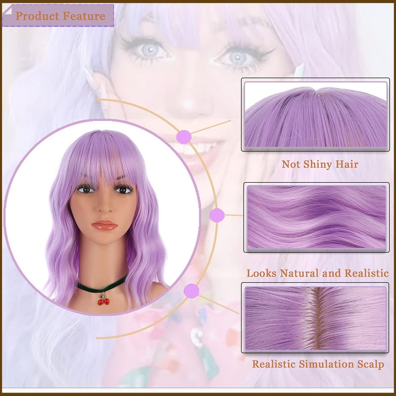 eNilecor Lavender Purple Wig Short Colorful colored Curly Wavy Synthetic Bob Wigs with Air Bangs 14" Natural Lilac Neon Wigs for Women - Image 4